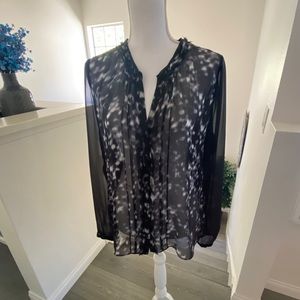 Elie Tahari black watercolor semi-sheer silk and leather trim blouse - Large